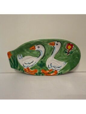 ITALY SPOON REST GREEN WHITE DUCKS GEESE BIRDS HAND PAINTED POTTERY HOME KITCHEN